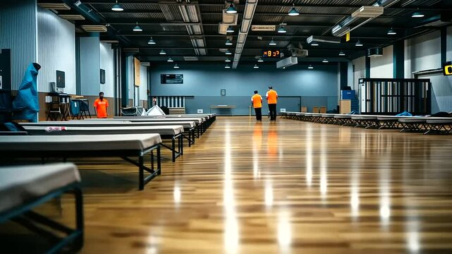 A quiet moment in an emergency shelter gym, with rows of cots ready for occupants and volunteers setting up more beds.