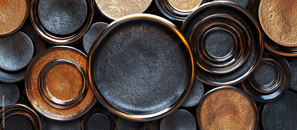 Poster collection of round decorative plates in various colors and textures arranged on a textured backgrou