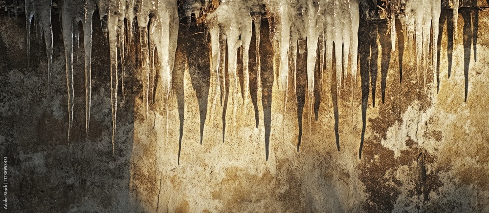 Poster icicles hanging from rough textured surface with warm tones and moisture marks. copy space available