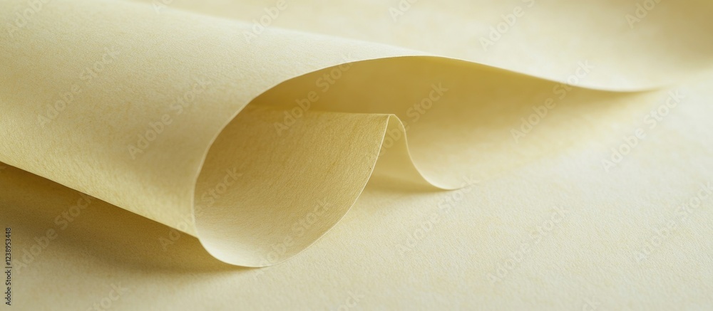 Poster yellow textured paper sheet with soft curves and folds creating depth and shadow, ideal for backgrou