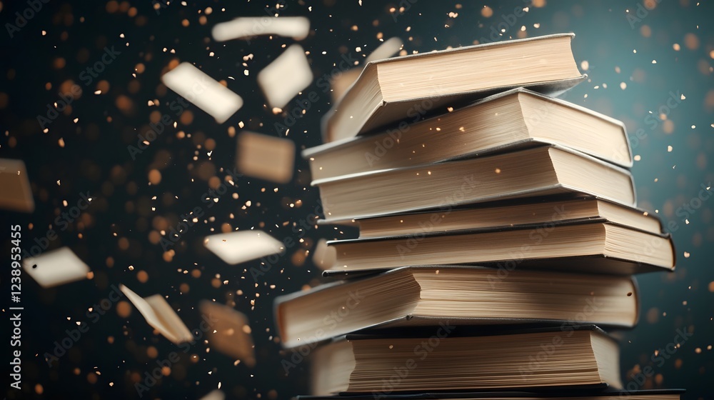 Poster tumbling books with fluttering pages and visible dust particles in the air capturing the motion of