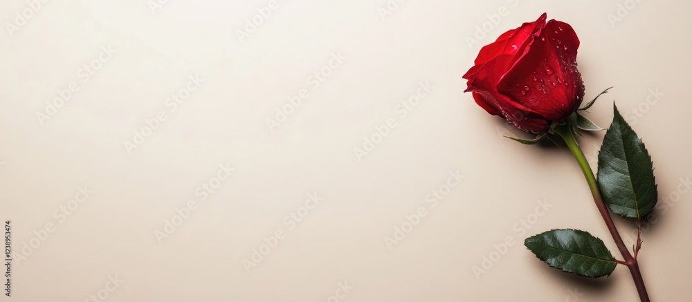 Poster red rose with water droplets on petals lying on a beige background with ample copy space for text pl