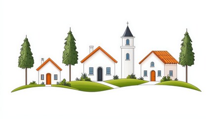 Naklejka premium Charming Cartoon Village with White Houses, Green Trees, and a Sunny Landscape Scene