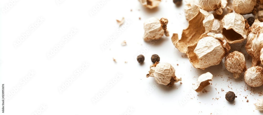 Poster dried spices and seeds scattered on a white surface with copy space for text placement