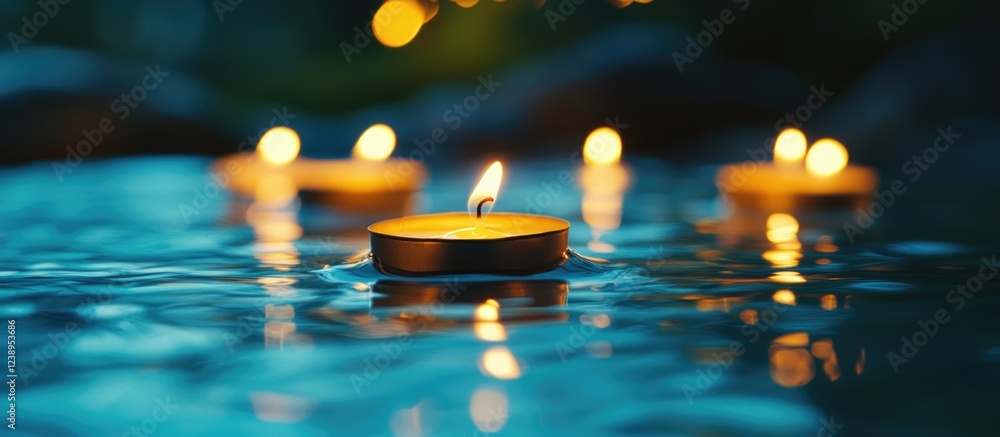 Poster floating candles illuminating water surface with soft reflections and bokeh lights in the background
