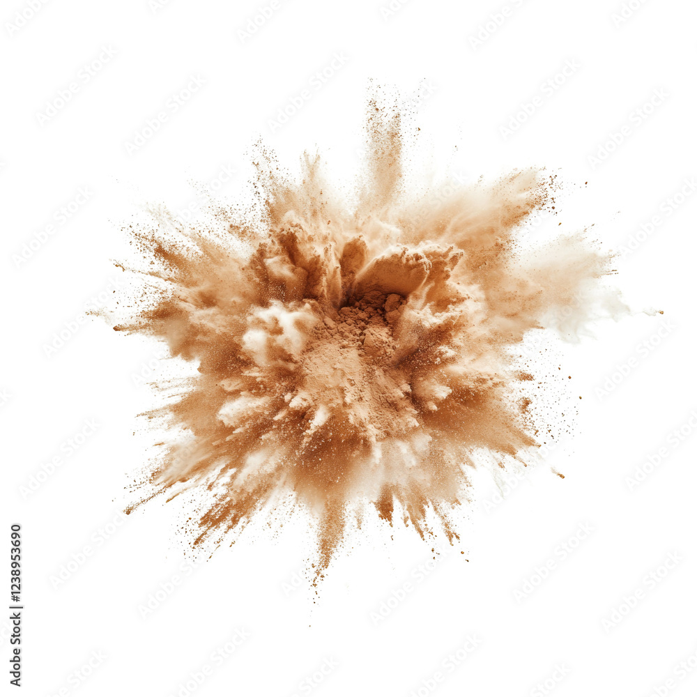 Poster a high resolution image depicting a tan powder explosion against a black background, showcasing a dy