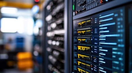 Innovative digital production process visualized on a server room display, showcasing complex data analysis and advanced technology in a modern data center environment