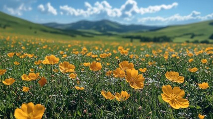 Obraz premium Vibrant yellow flowers bloom across a lush landscape, creating a stunning contrast against the verdant grass and distant mountains