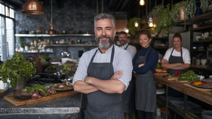 Obraz premium confident chef stands in modern kitchen with team, showcasing fresh ingredients and dishes. atmosphere is warm and inviting, perfect for culinary creativity