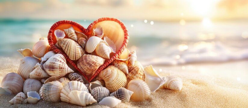 Seashells arranged in a heart shape on sandy beach with ocean in background during sunset Copy Space