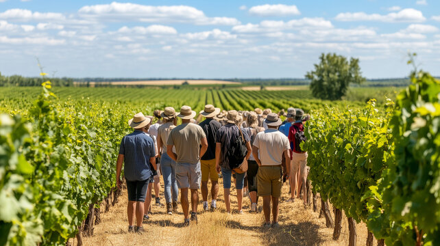 Exploring vineyard, group of people walks through rows of grapevines under sunny sky. lush greenery and blue skies create serene atmosphere