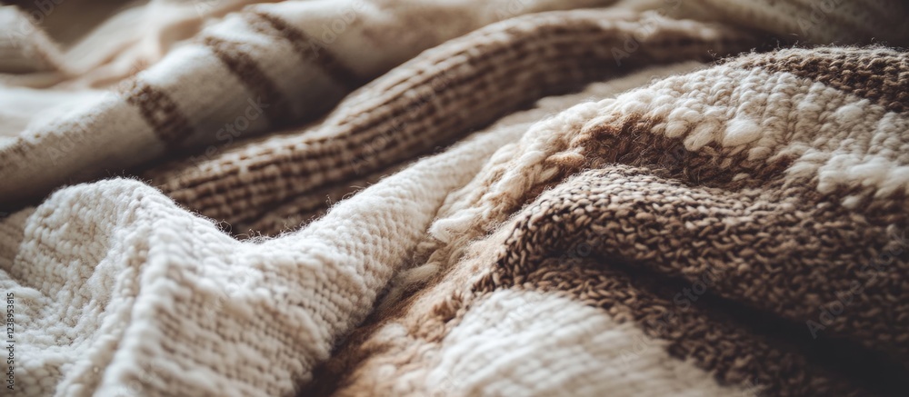 Poster textured knitted blankets in neutral colors arranged in soft folds with natural lighting and copy sp