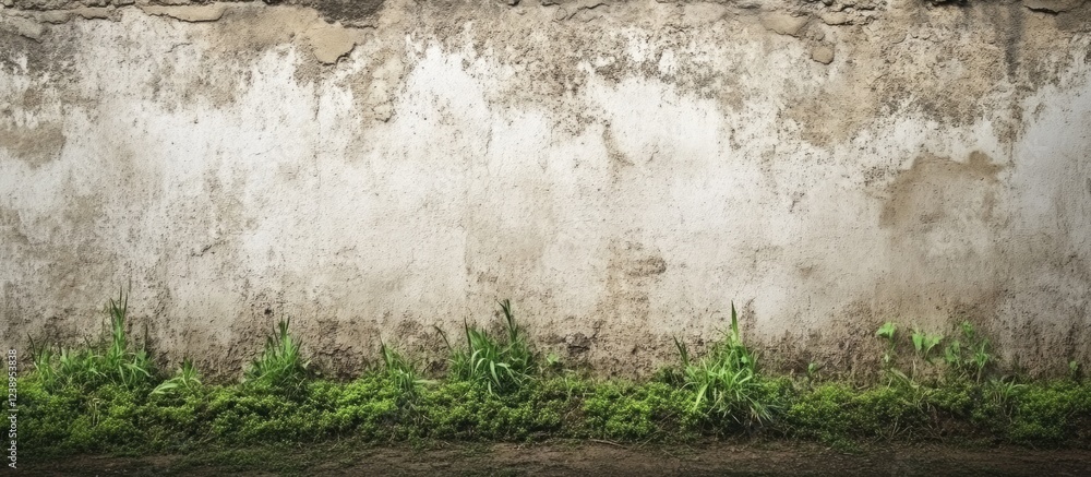 Poster old textured wall with green grass at the base and visible decay details with copy space for text.
