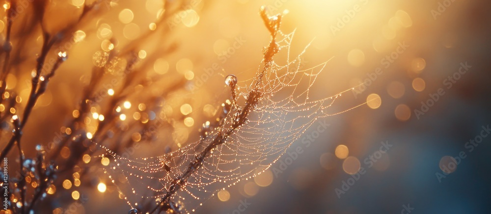 Poster close-up of a spider web on a branch with dew drops illuminated by warm sunlight and soft bokeh back