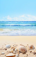 Beautiful beach scene with seashells on sandy shore and calm ocean waves. clear blue sky enhances serene atmosphere, inviting relaxation and tranquility