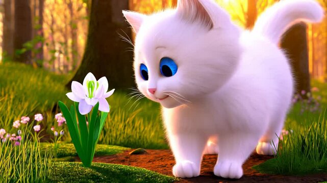 A funny Kitten is curious with a first snowdrop. Funny anime video. Spring is coming, nature and cat in the forest