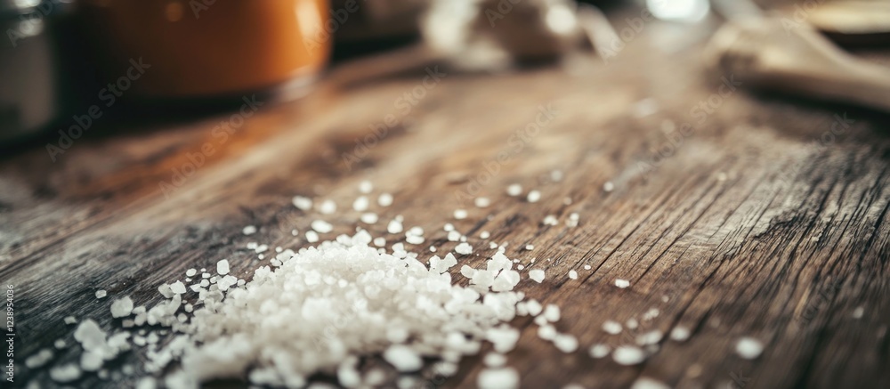 Poster salt scattered on rustic wooden table surface with blurred kitchen background and copy space for tex
