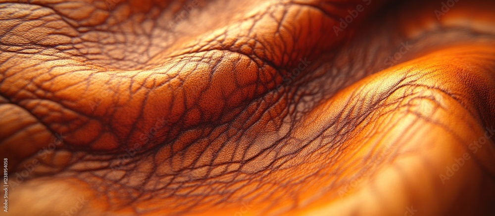 Poster close-up of textured brown leather surface with visible grain patterns and ripples for textile and d
