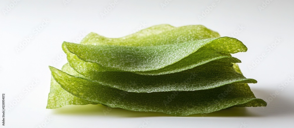 Poster green vegetable chips stacked on a white background with ample copy space for text placement.