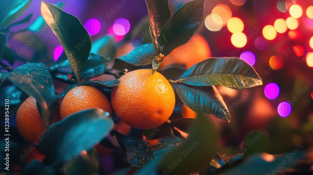 Poster oranges on a tree branch with vibrant colorful bokeh lights in the background showcasing a festive a