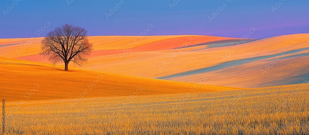Aufkleber solitary tree on colorful rolling hills under a gradient sky during sunset with ample copy space for