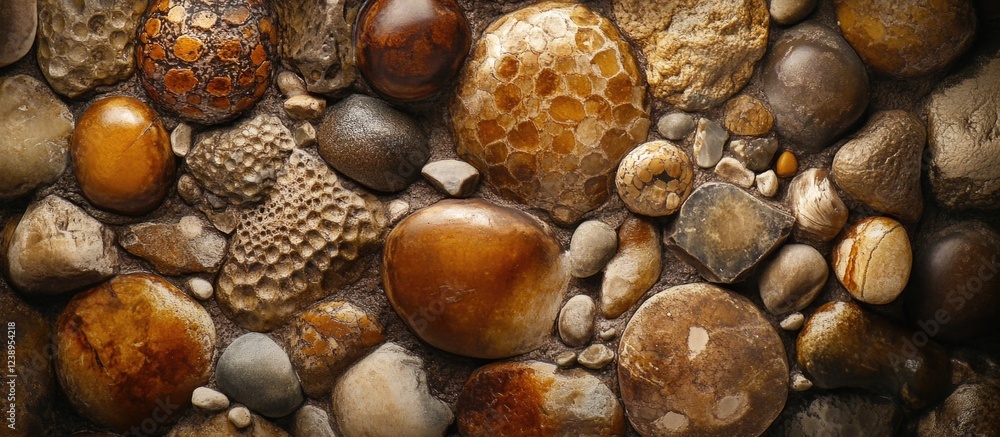 Poster colorful assortment of smooth pebbles and rocks with various textures and patterns arranged on a fla