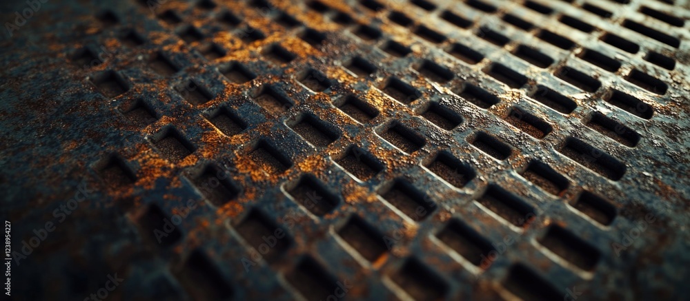 Poster rusty metal texture with grid pattern close-up showing corrosion and weathering details in industria