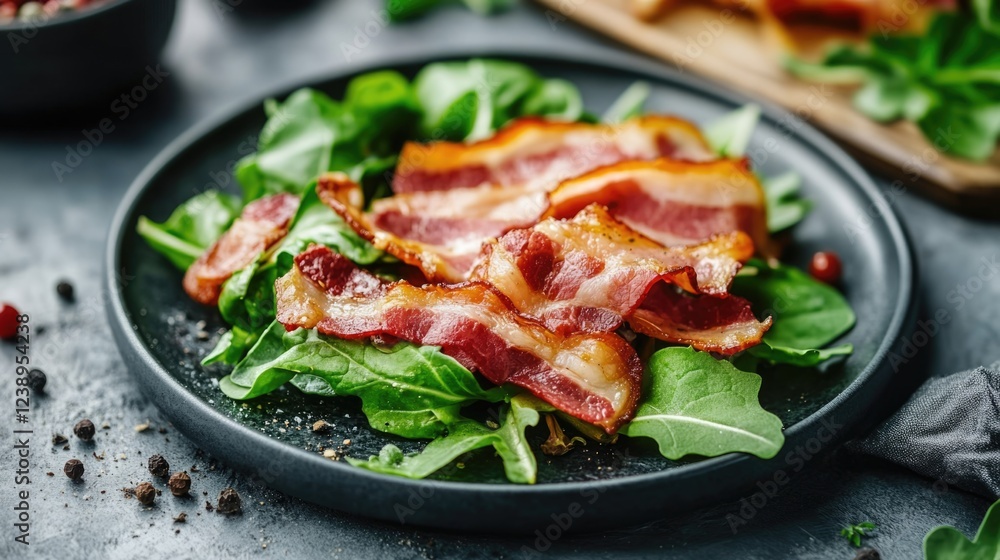 Aufkleber fresh arugula salad topped with crispy bacon slices on a black plate with scattered spices in the ba