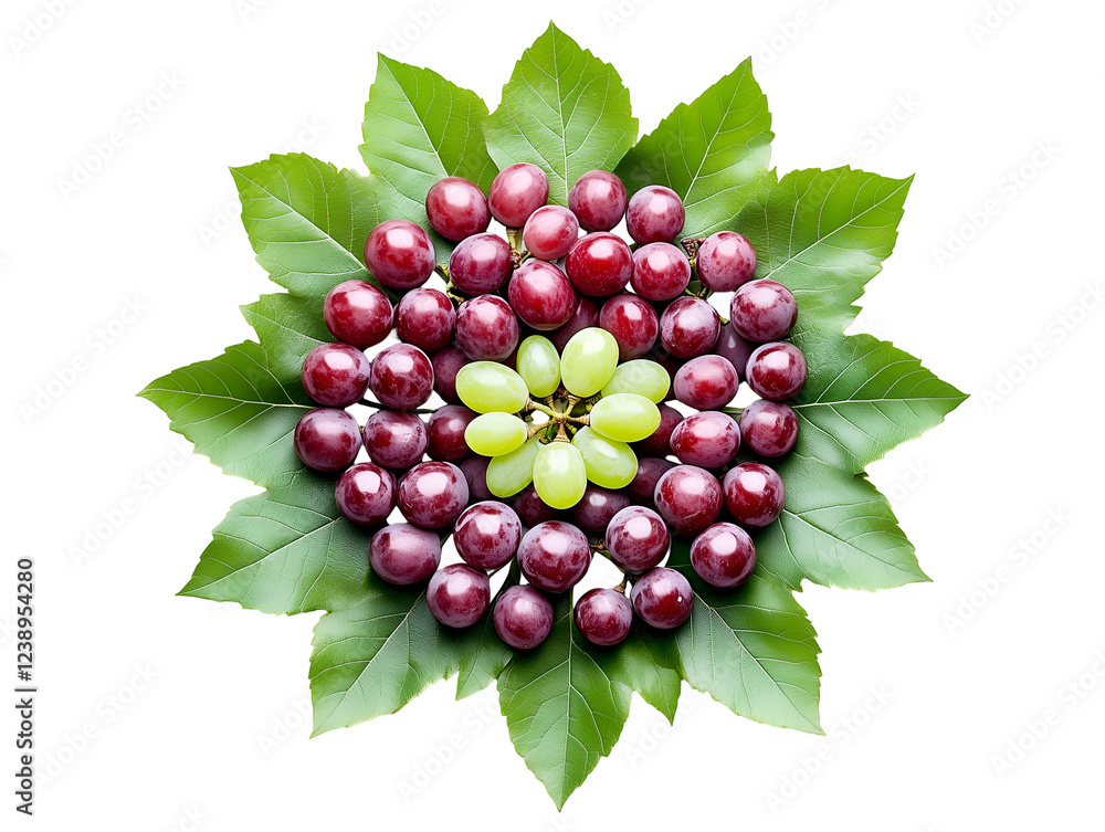 Aufkleber red and green grapes arranged in a circular pattern with leaves on a transparent background, isolate