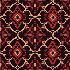 Intricate arabic seamless pattern design digital art rich color palette decorative textile top-down view cultural inspiration