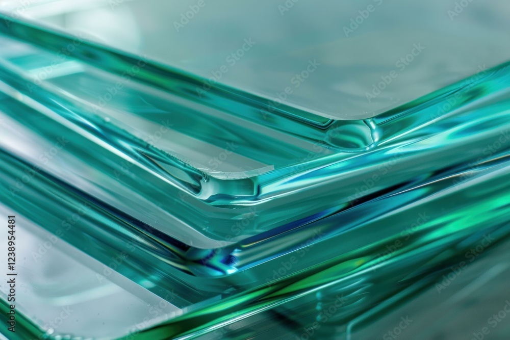 Poster close up of sheets of float glass creating abstract reflections in green tones