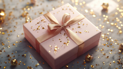beautifully wrapped gift box with pink exterior and golden ribbon, surrounded by festive confetti and decorations, evokes sense of celebration and joy