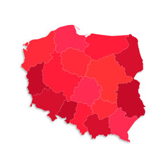 Poland map with border highlighted regions, states, isolated on white background. Template map of Poland. Detailed vector illustration.
