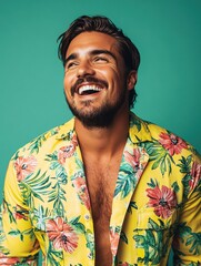 Man with beard and floral shirt laughs against a solid teal backdrop in a studio shot