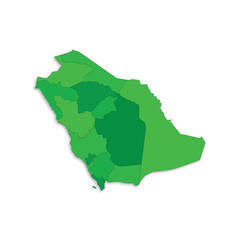Saudi Arabia map with border highlighted regions, states, isolated on white background. Template map of Saudi Arabia. Detailed vector illustration.