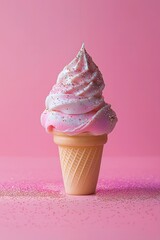 Pink ice cream with subtle confetti on it on a pastel pink background. Summer, concept.