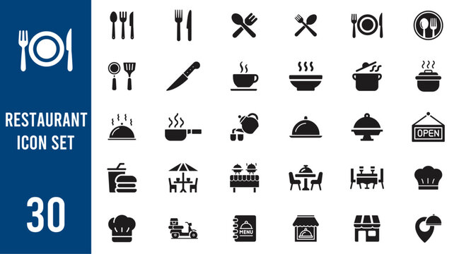 Restaurant Food icon set, sign and symbol,  Fork, spoon, knife, plate, chef hat, and cloche or tray icon Vector illustration.	