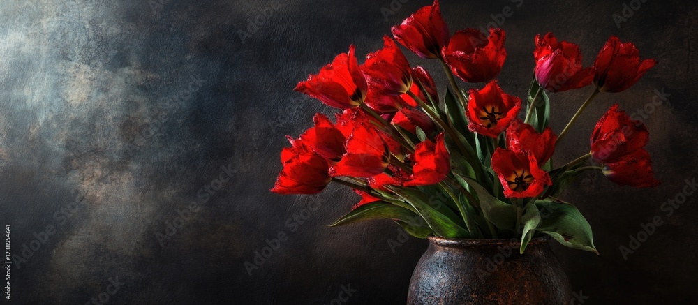 Poster red tulips in a rustic vase against a dark textured background with copy space for text placement