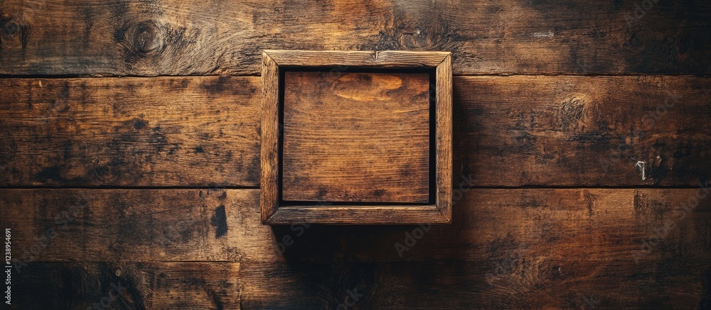 Poster wooden frame on rustic wooden background with empty space for text or image copy space