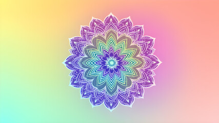 Round mandala on colorful gradient background. Translucent mesh pattern in the form of mandala. Mandala with floral patterns. Pastel Yoga template. Gradient background with round mandala. Generative A