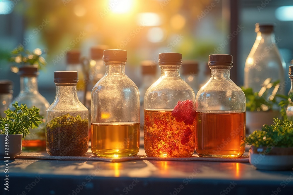 Poster detailed ingredient testing station featuring microbiological analysis, quality assurance protocols,