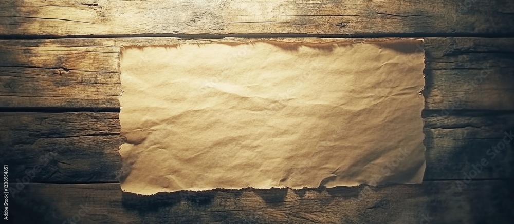 Aufkleber old weathered parchment paper on a rustic wooden table with copy space for text or design elements