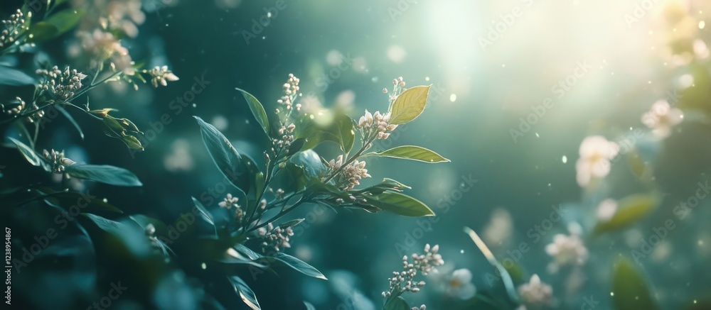 Aufkleber botanical scene featuring delicate flowers and leaves with soft sunlight filtering through creating 