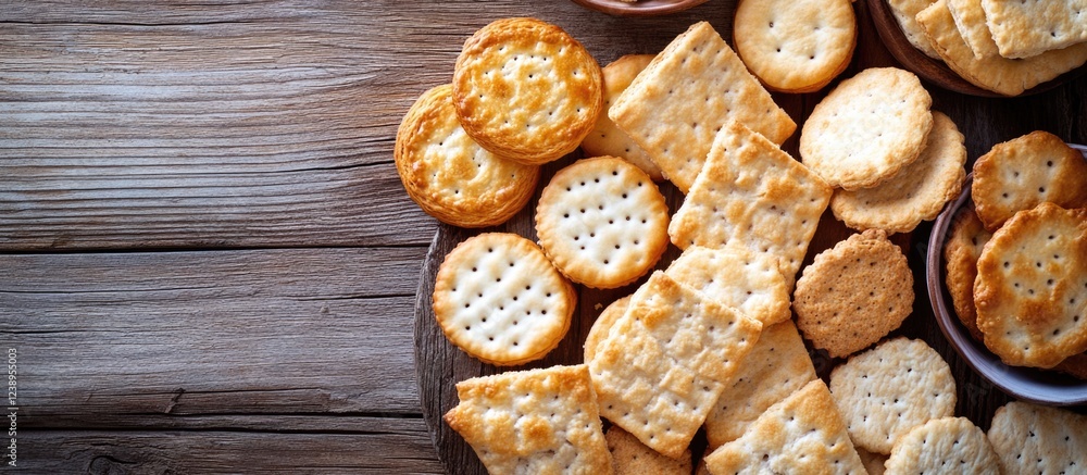 Aufkleber Assorted crackers on wooden table with Copy Space for text integration