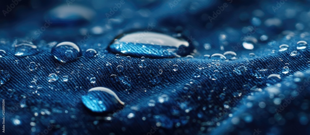 Aufkleber close-up of water droplets on textured blue fabric with shallow depth of field highlighting detail a