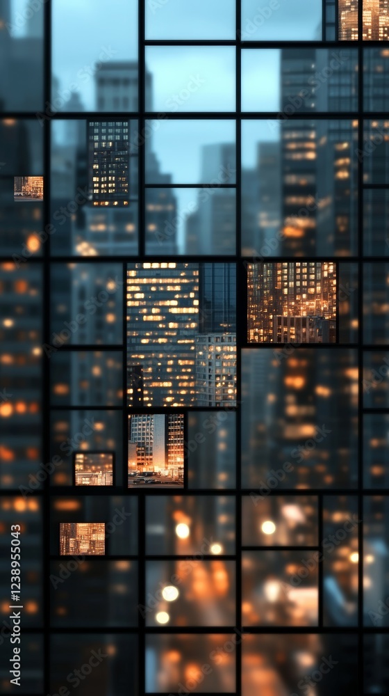 Poster digital background featuring chaotic urban skyline with illuminated buildings and a matrix design fo
