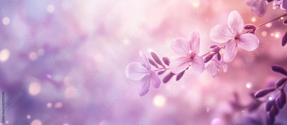 Poster pink flower branch on blurred purple background with soft bokeh lights and gentle color gradients co