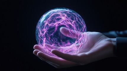 Hand Holding a Glowing Orb with Electric Blue and Pink Energy