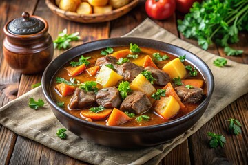 Hearty Beef Stew with Potatoes and Parsley Garnish - Rustic Autumnal Food Photography