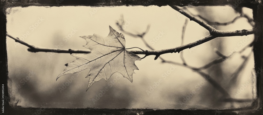 Poster black and white close-up of a single maple leaf on a bare branch with shallow depth of field and sof